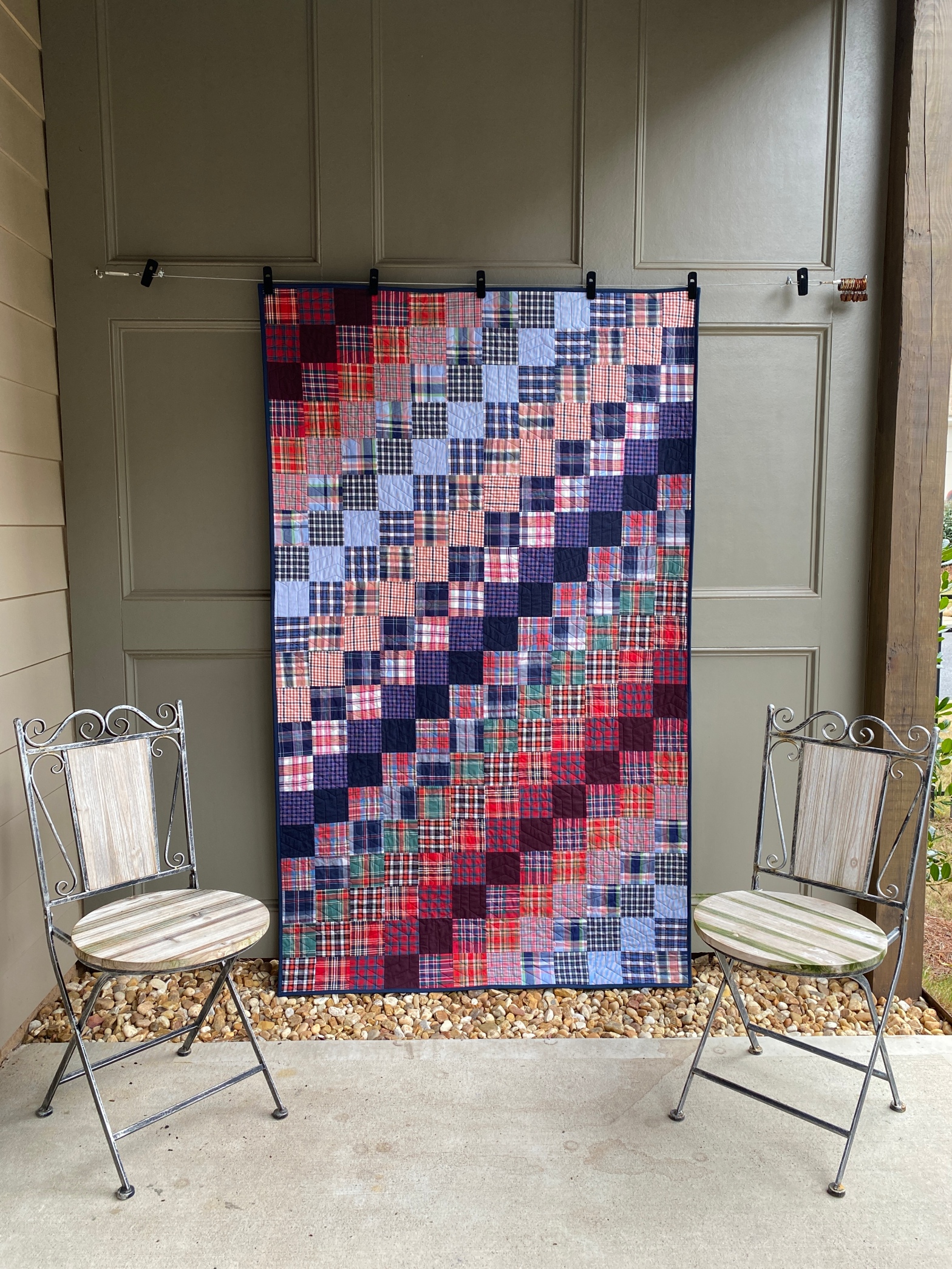 Patchwork Memorial Quilt with plaid shirts in diagonal setting